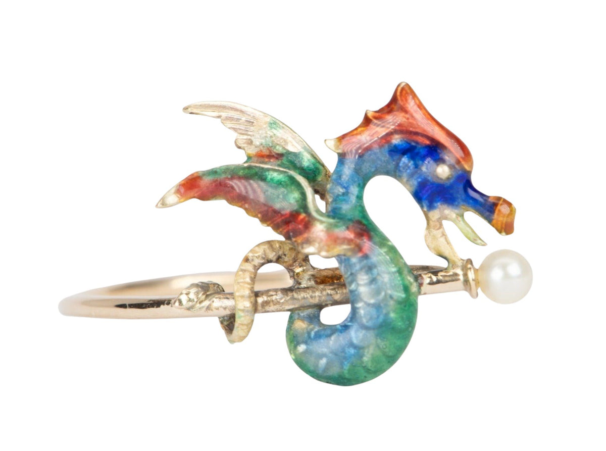 Vintage Pin Conversion Enamel Dragon Griffin 14K Gold Ring R6453 Aurora Designer