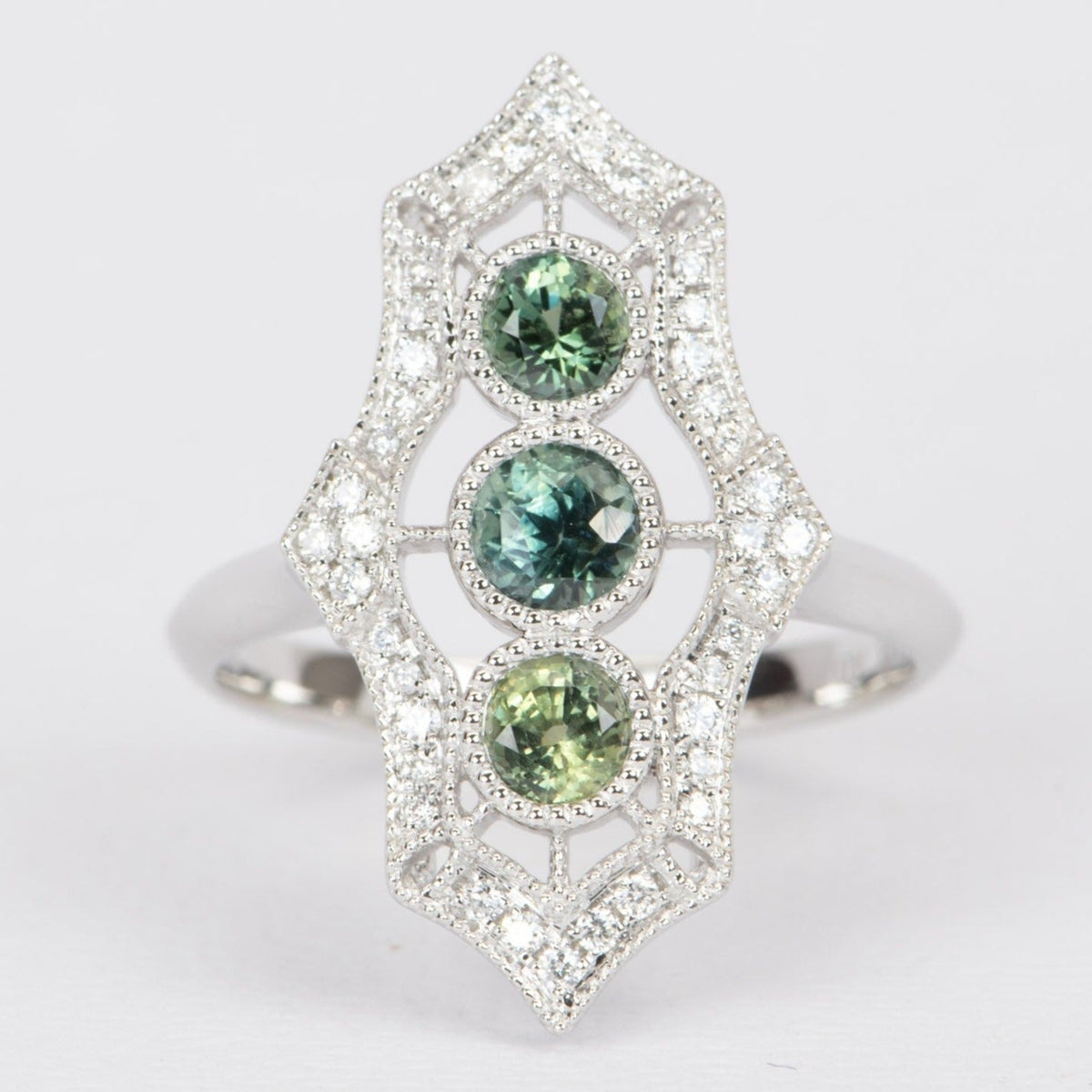 Trio Montana Sapphire with Diamond Halo Vintage Inspired Engagement Ring 14K White Gold R6455 Aurora Designer