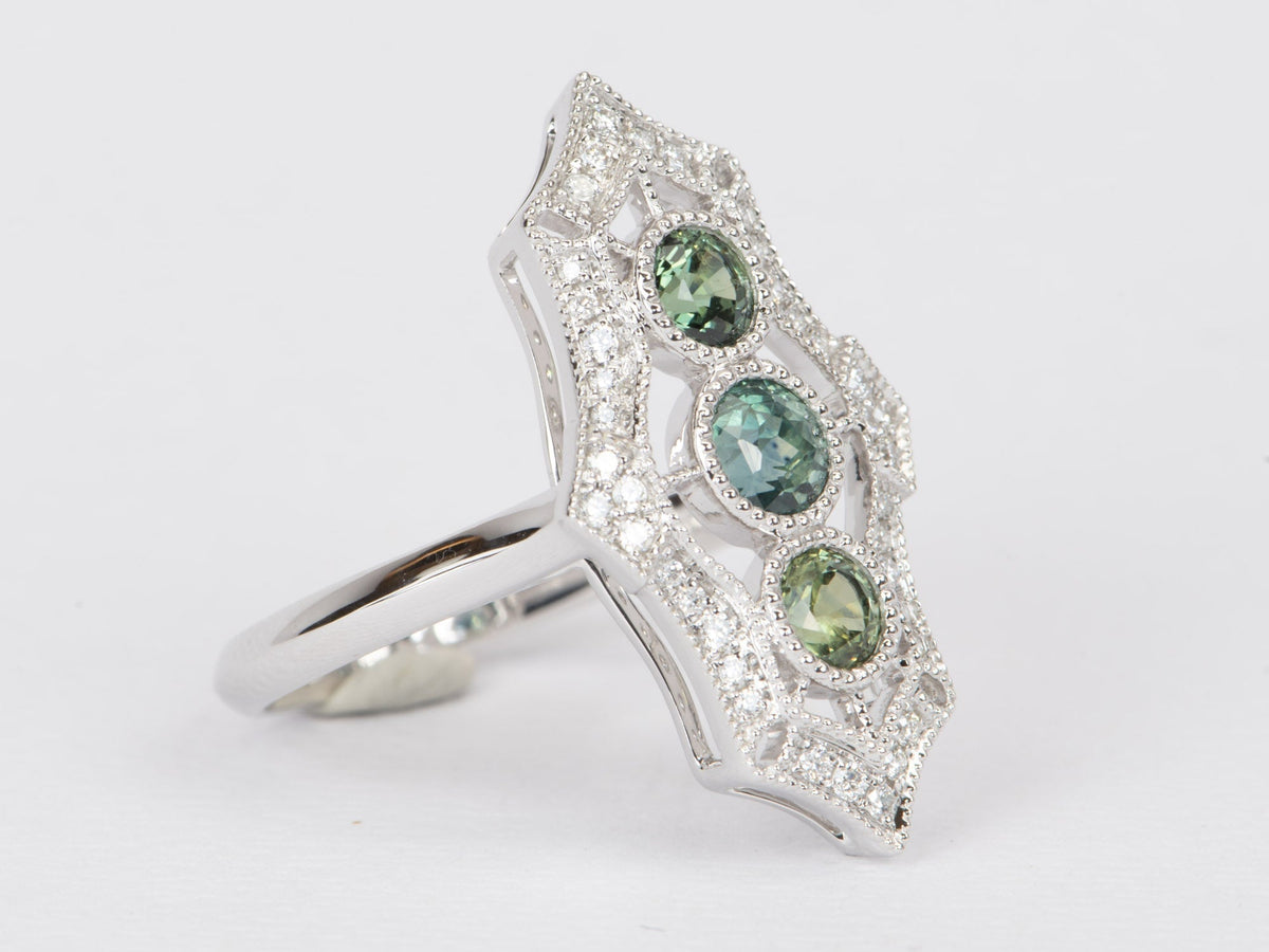 Trio Montana Sapphire with Diamond Halo Vintage Inspired Engagement Ring 14K White Gold R6455 Aurora Designer