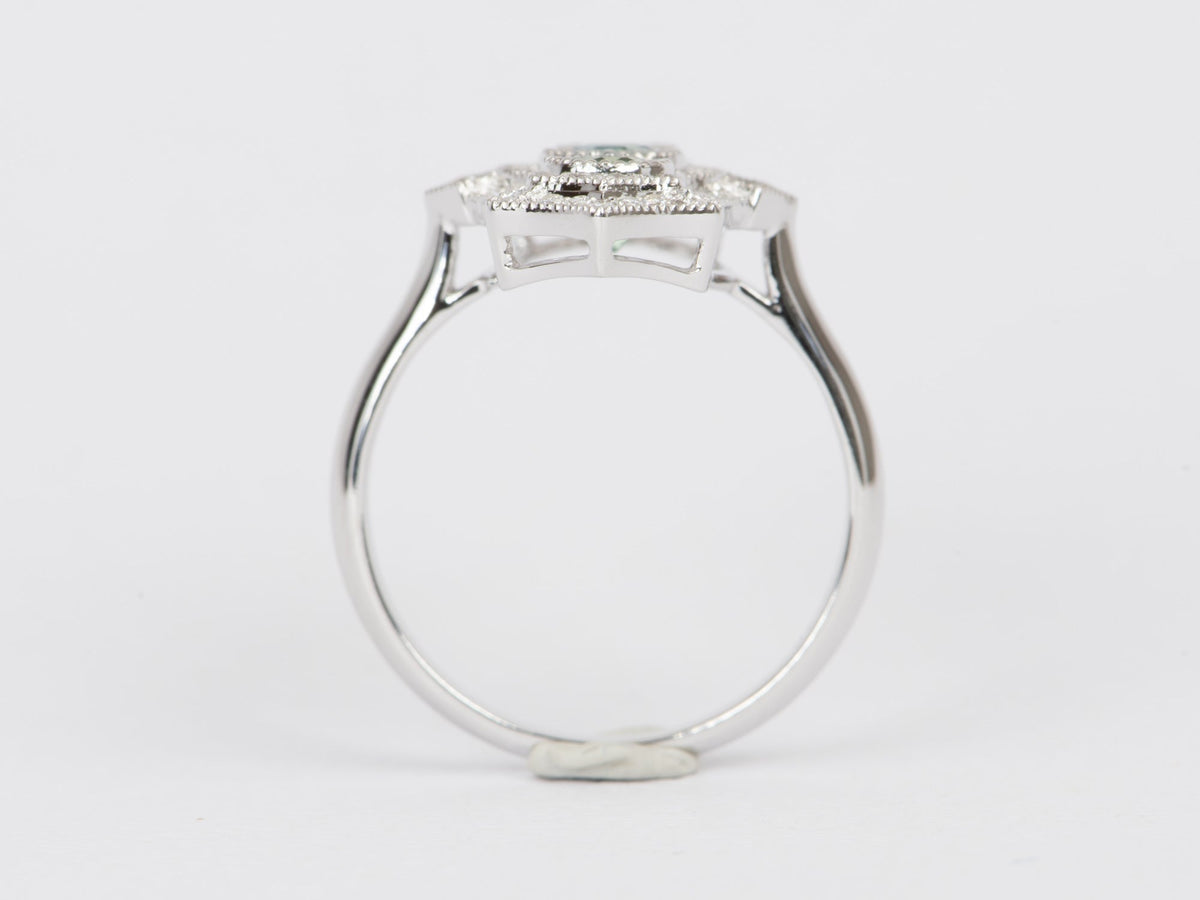 Trio Montana Sapphire with Diamond Halo Vintage Inspired Engagement Ring 14K White Gold R6455 Aurora Designer
