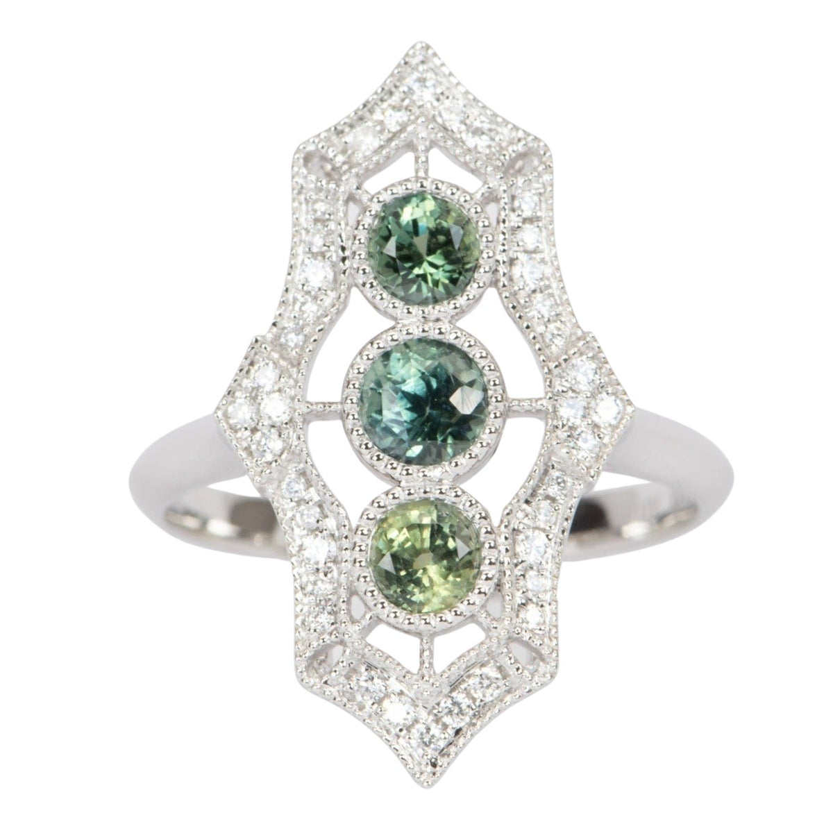 Trio Montana Sapphire with Diamond Halo Vintage Inspired Engagement Ring 14K White Gold R6455 Aurora Designer