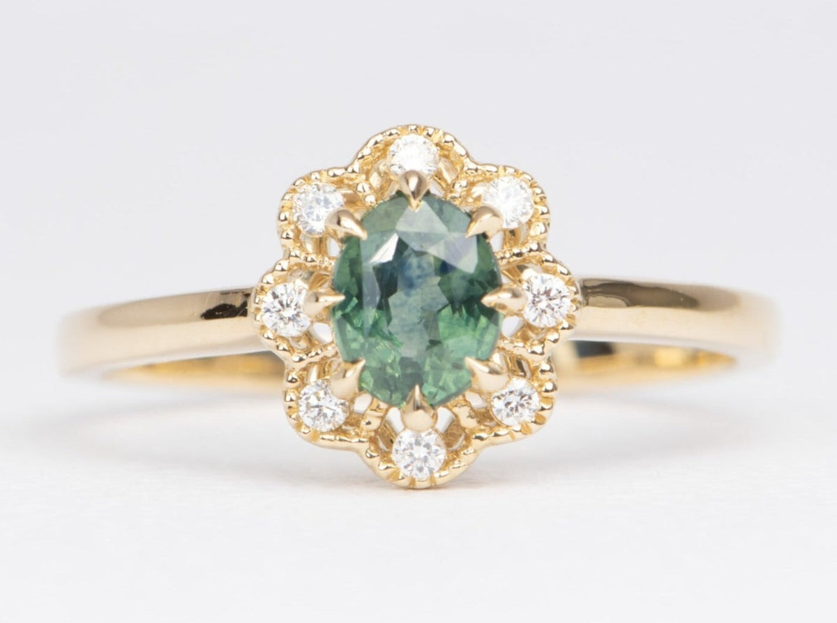 Forrest Green Montana Sapphire with Diamond Halo 14K Gold Engagement Ring R6464 Aurora Designer