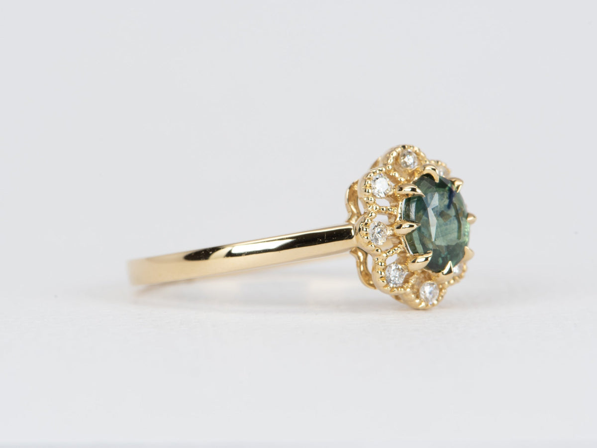 Forrest Green Montana Sapphire with Diamond Halo 14K Gold Engagement Ring R6464 Aurora Designer