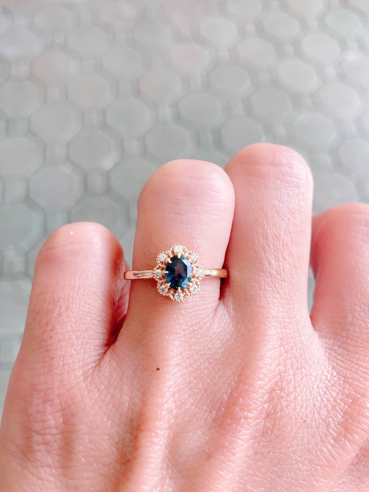 Forrest Green Montana Sapphire with Diamond Halo 14K Gold Engagement Ring R6464 Aurora Designer