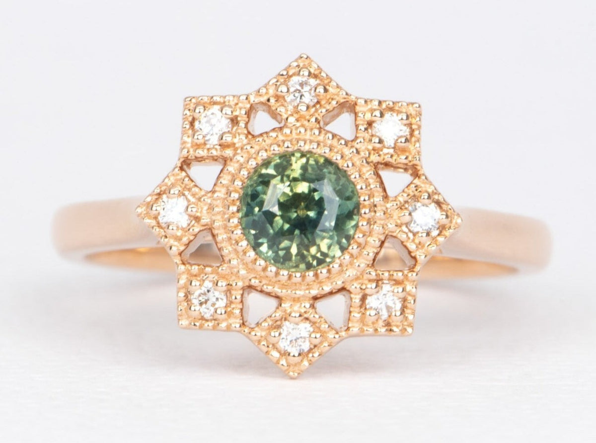 Teal Green Montana Sapphire with Diamond Halo 14K Rose Gold Engagement Ring R6465 Aurora Designer