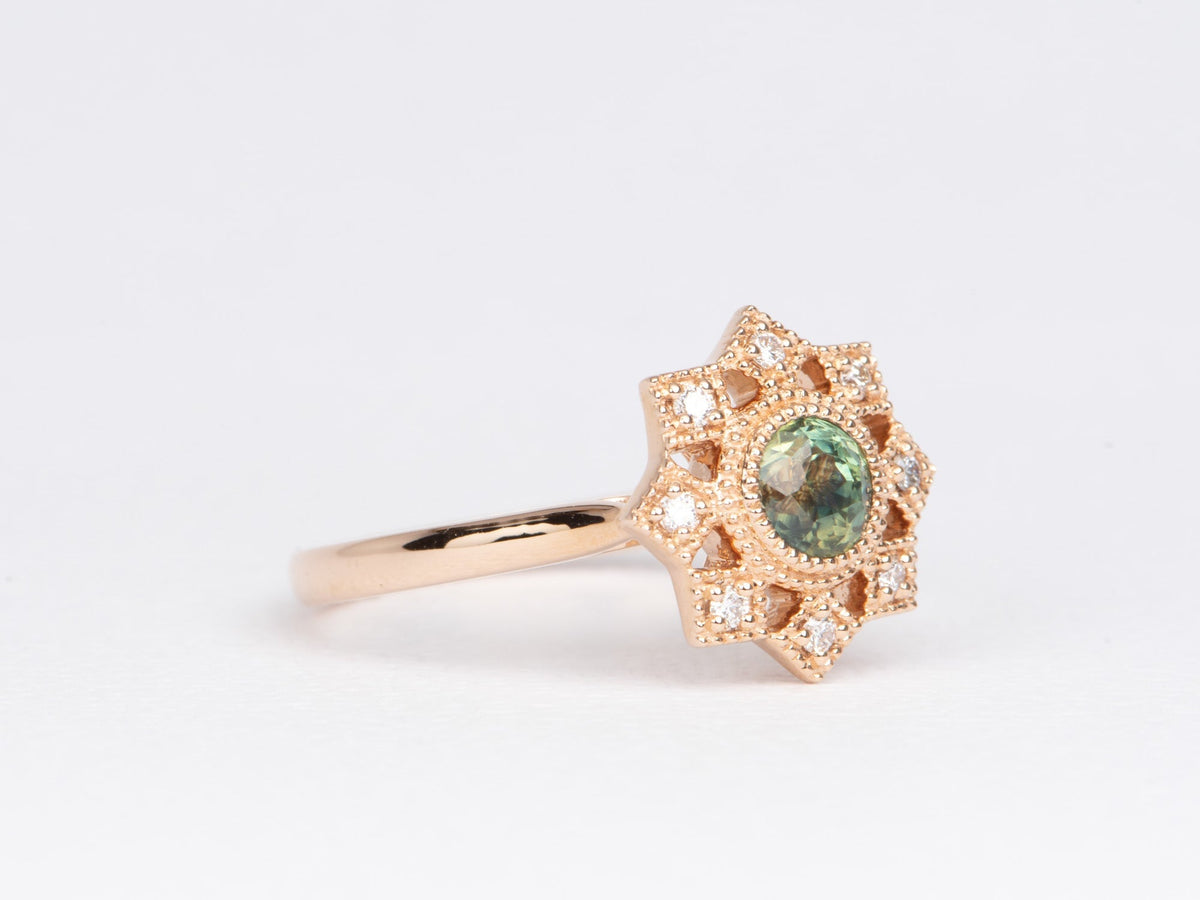 Teal Green Montana Sapphire with Diamond Halo 14K Rose Gold Engagement Ring R6465 Aurora Designer