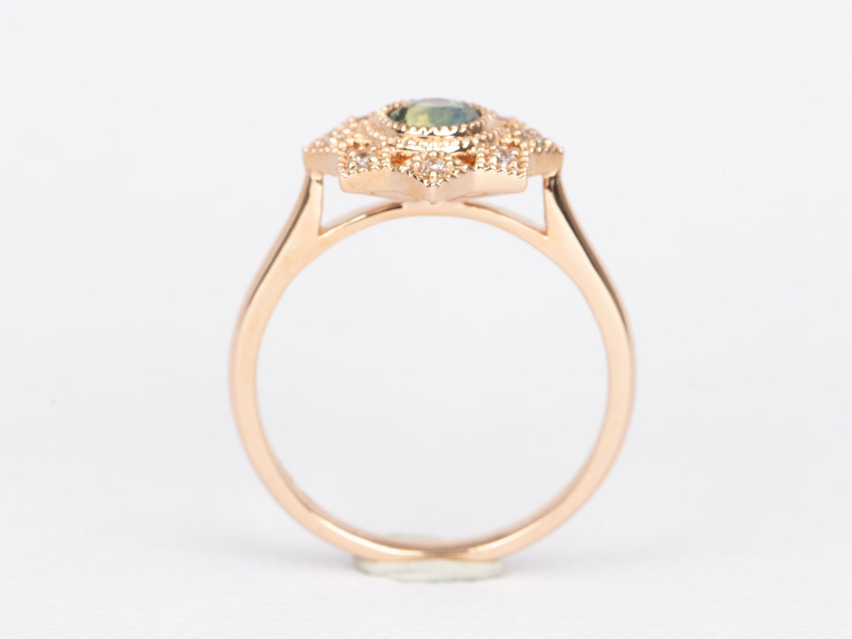 Teal Green Montana Sapphire with Diamond Halo 14K Rose Gold Engagement Ring R6465 Aurora Designer