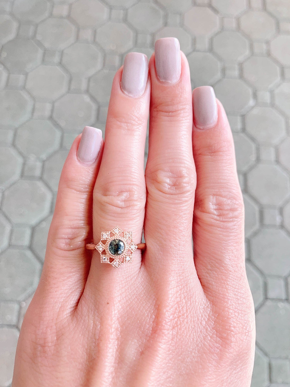Teal Green Montana Sapphire with Diamond Halo 14K Rose Gold Engagement Ring R6465 Aurora Designer
