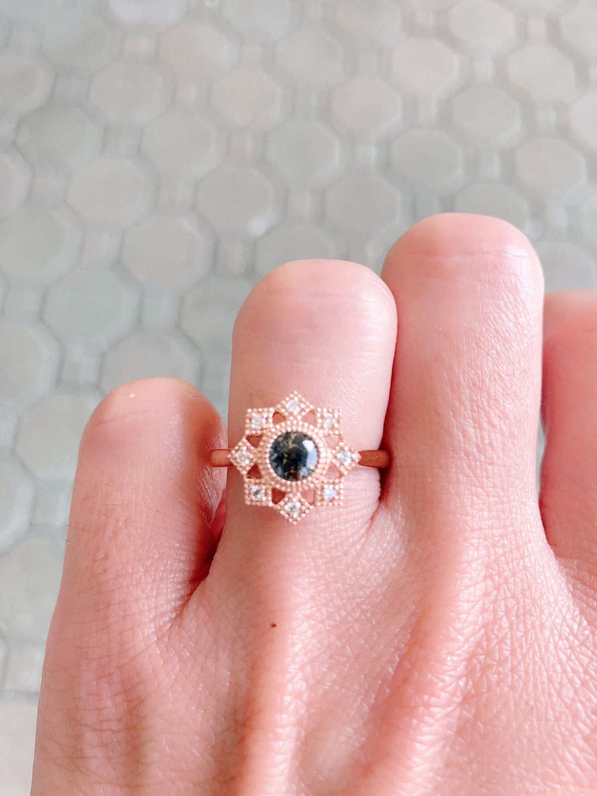 Teal Green Montana Sapphire with Diamond Halo 14K Rose Gold Engagement Ring R6465 Aurora Designer