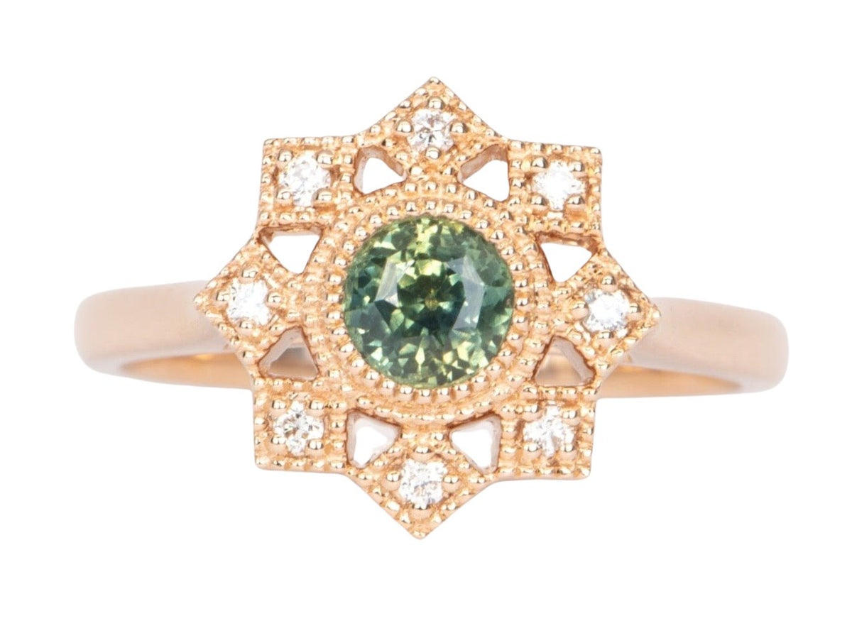 Teal Green Montana Sapphire with Diamond Halo 14K Rose Gold Engagement Ring R6465 Aurora Designer