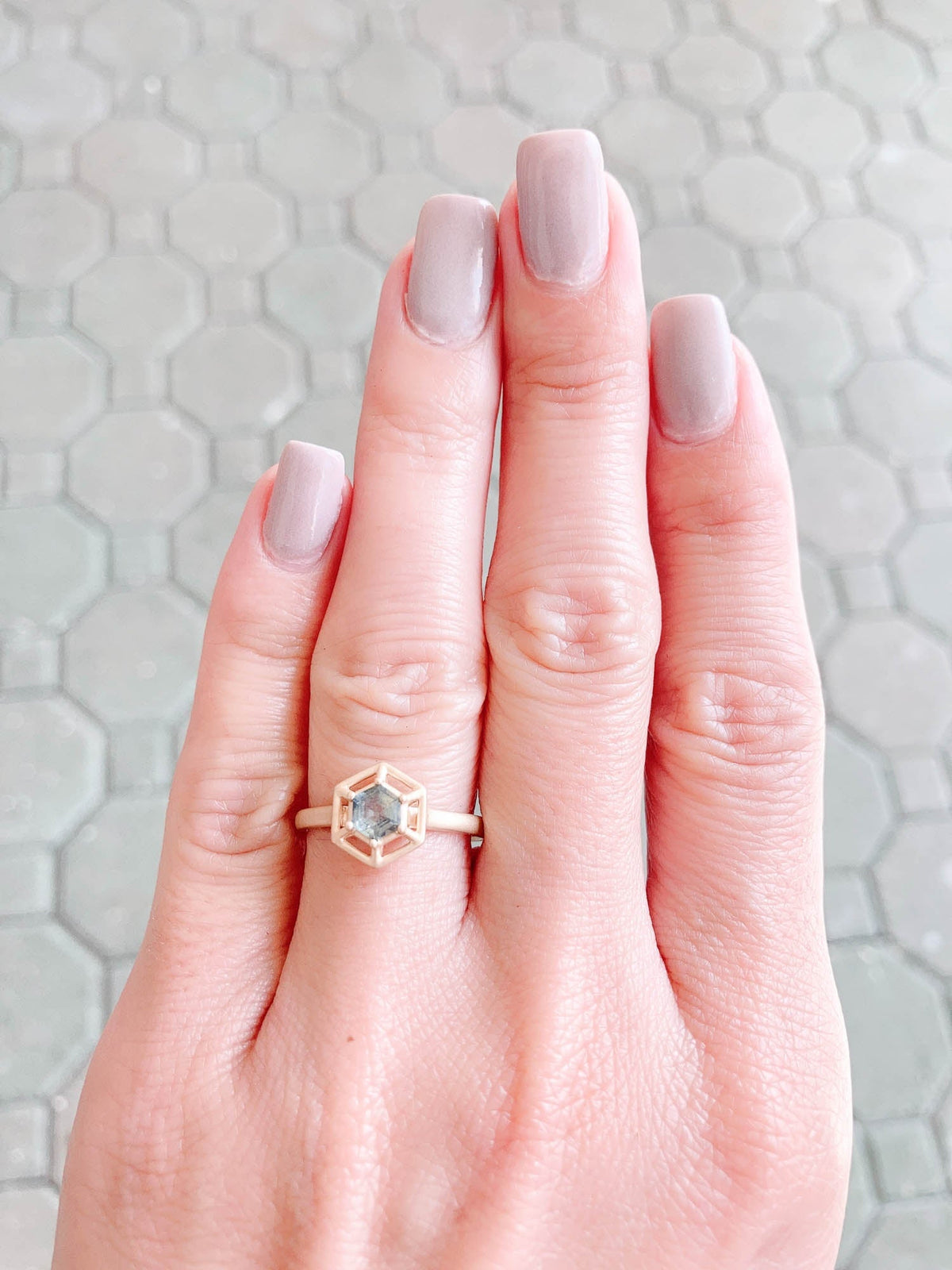 Hexagon Montana Sapphire with Hexagon Facet Setting 14K Gold Right Hand Ring R6466 Aurora Designer