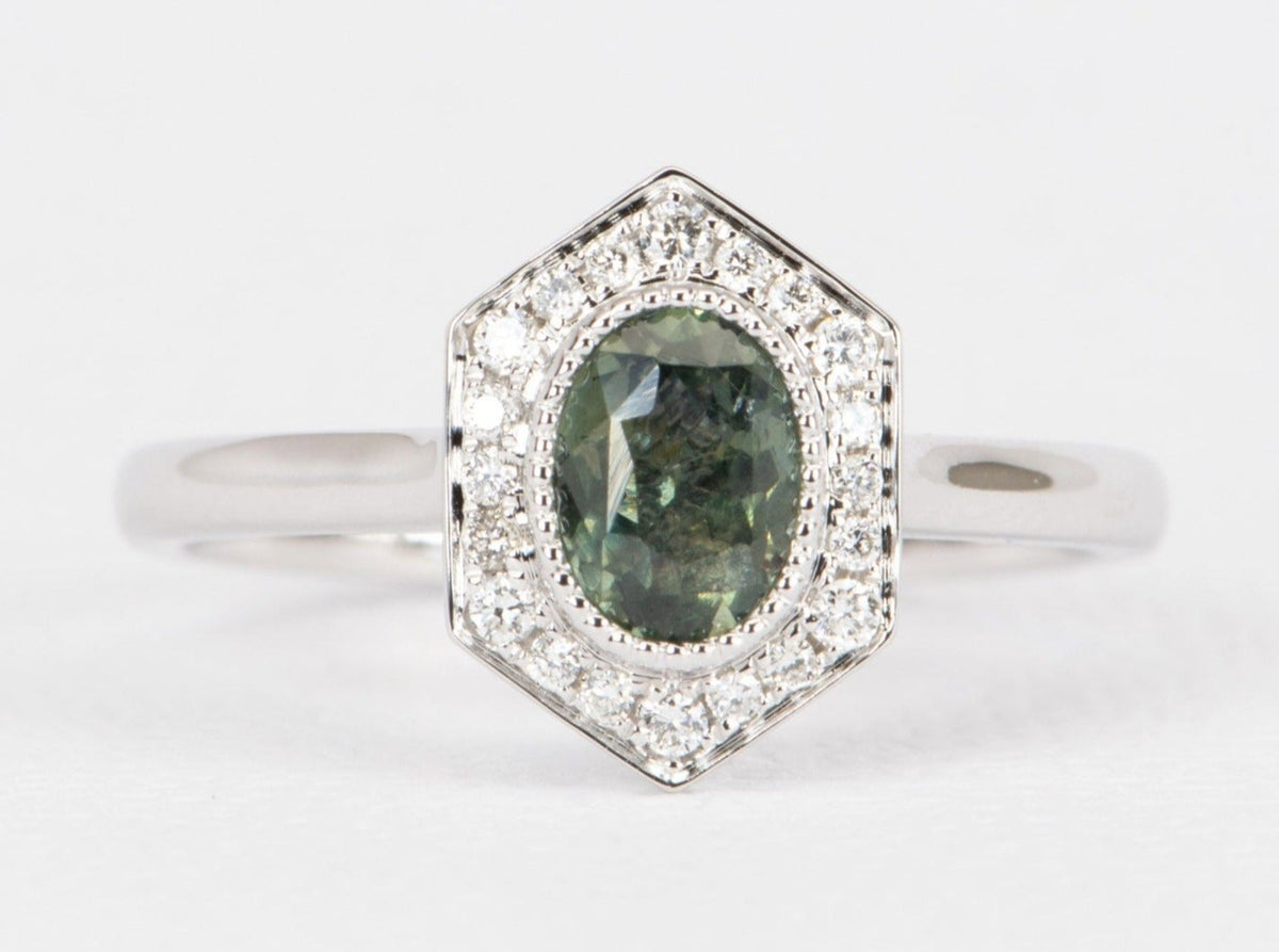 Blue Green Montana Sapphire with Diamond Halo 14K White Gold Engagement Ring R6467 Aurora Designer