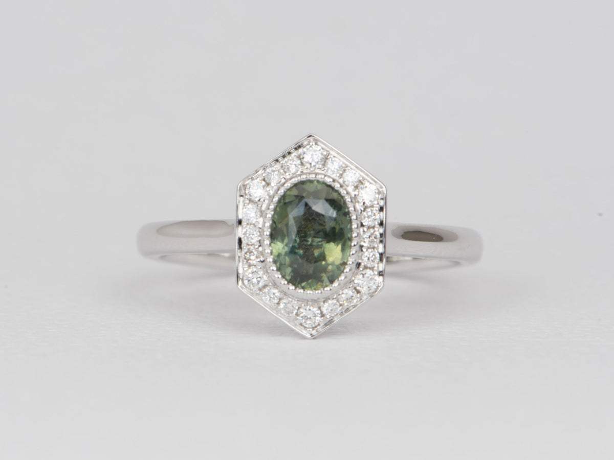 Blue Green Montana Sapphire with Diamond Halo 14K White Gold Engagement Ring R6467 Aurora Designer