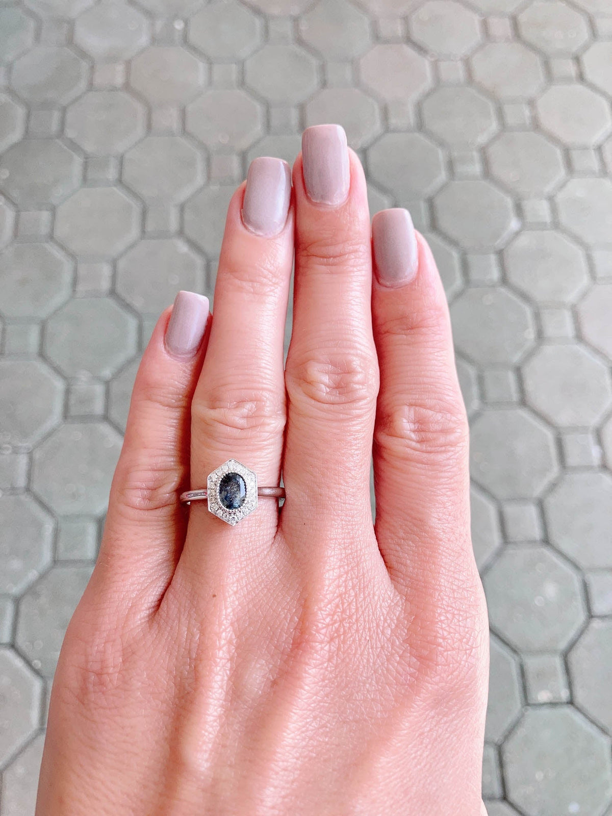 Blue Green Montana Sapphire with Diamond Halo 14K White Gold Engagement Ring R6467 Aurora Designer