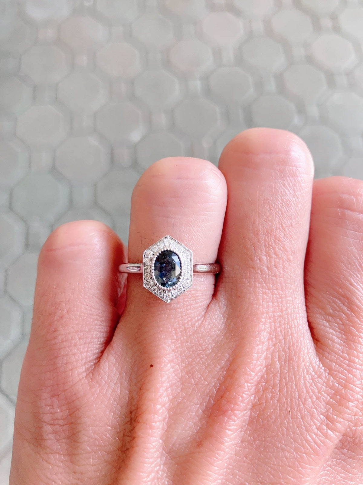 Blue Green Montana Sapphire with Diamond Halo 14K White Gold Engagement Ring R6467 Aurora Designer