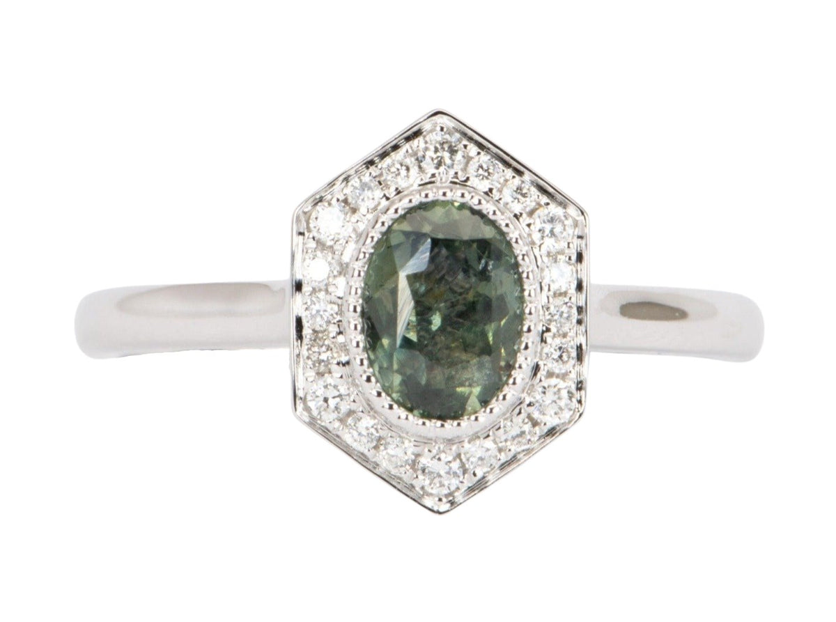 Blue Green Montana Sapphire with Diamond Halo 14K White Gold Engagement Ring R6467 Aurora Designer