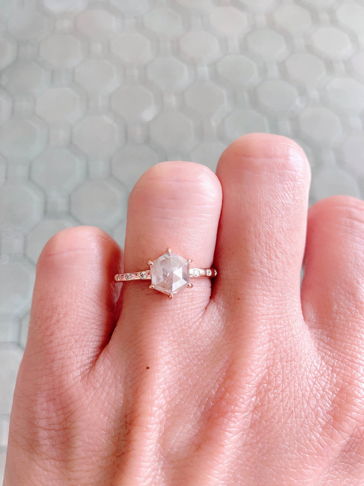 1.25ct Hexagon Diamond with Diamonds Accent 14K Rose Gold Engagement Ring R6468 Aurora Designer