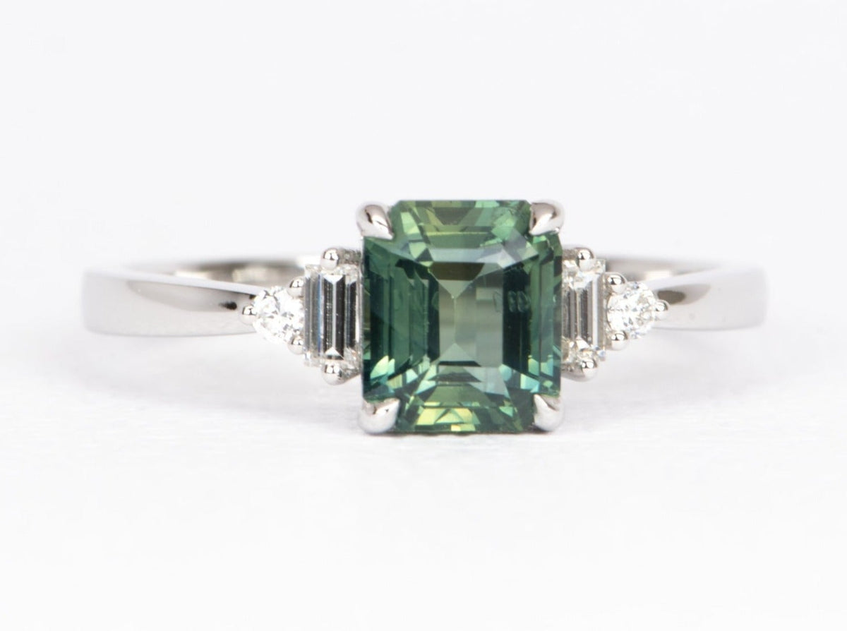 1.69ct Teal Sapphire with Baguette Diamond Sides 14K White Gold Engagement Ring R6469 Aurora Designer