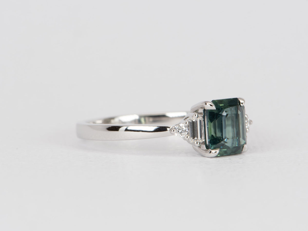 1.69ct Teal Sapphire with Baguette Diamond Sides 14K White Gold Engagement Ring R6469 Aurora Designer