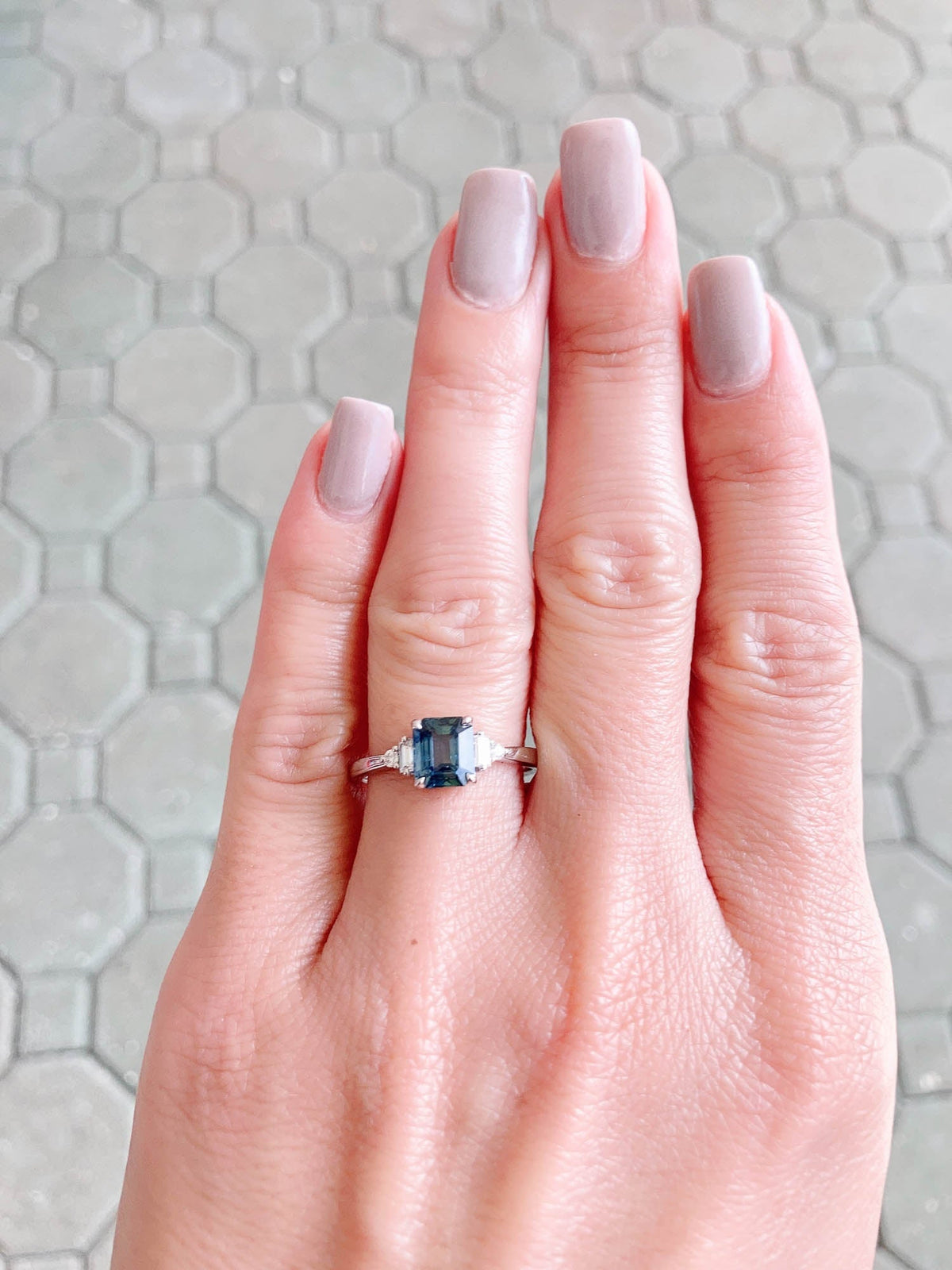 1.69ct Teal Sapphire with Baguette Diamond Sides 14K White Gold Engagement Ring R6469 Aurora Designer