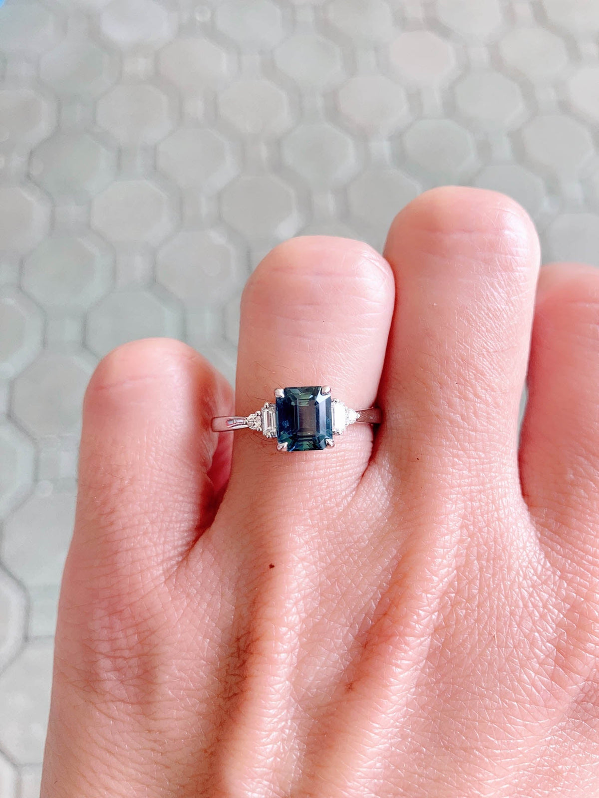 1.69ct Teal Sapphire with Baguette Diamond Sides 14K White Gold Engagement Ring R6469 Aurora Designer