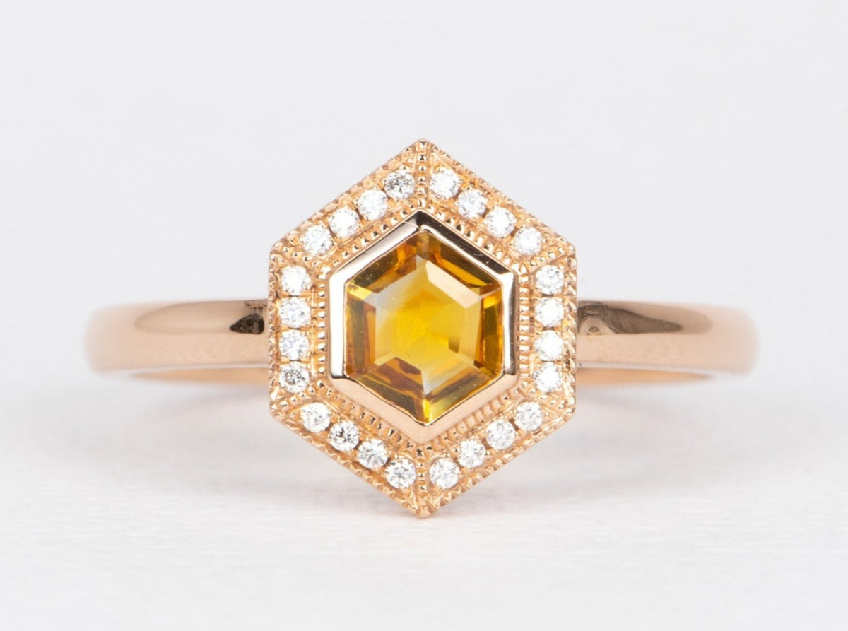 Bi-Color Hexagon Montana Sapphire with Diamond Halo 14K Rose GoldEngagement Ring R6472 Aurora Designer