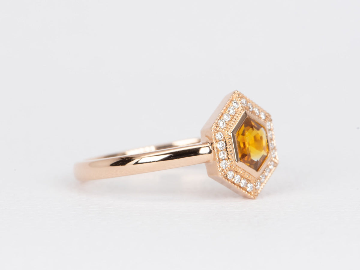 Bi-Color Hexagon Montana Sapphire with Diamond Halo 14K Rose GoldEngagement Ring R6472 Aurora Designer
