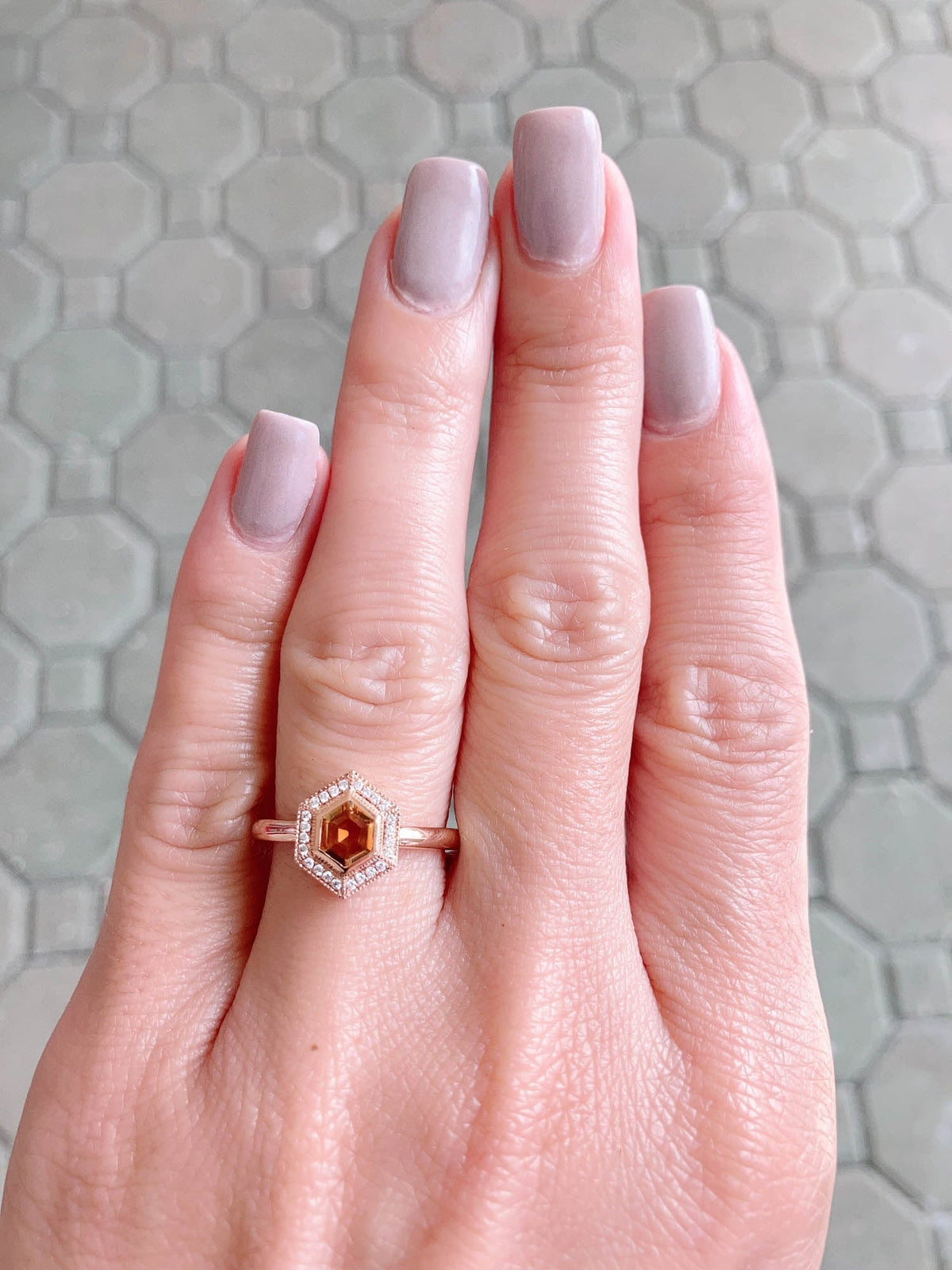 Bi-Color Hexagon Montana Sapphire with Diamond Halo 14K Rose GoldEngagement Ring R6472 Aurora Designer