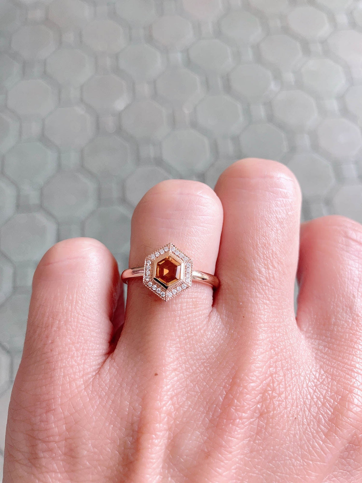 Bi-Color Hexagon Montana Sapphire with Diamond Halo 14K Rose GoldEngagement Ring R6472 Aurora Designer
