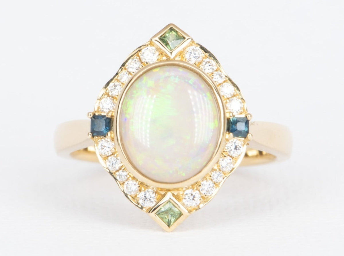 1.31ct Solid Australian Opal with Diamond and Sapphire Halo 14K Gold Engagement Ring R6473 Aurora Designer