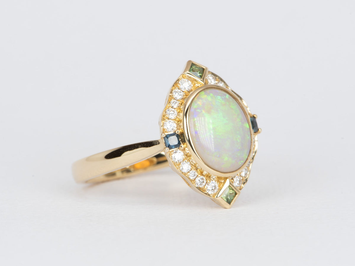 1.31ct Solid Australian Opal with Diamond and Sapphire Halo 14K Gold Engagement Ring R6473 Aurora Designer