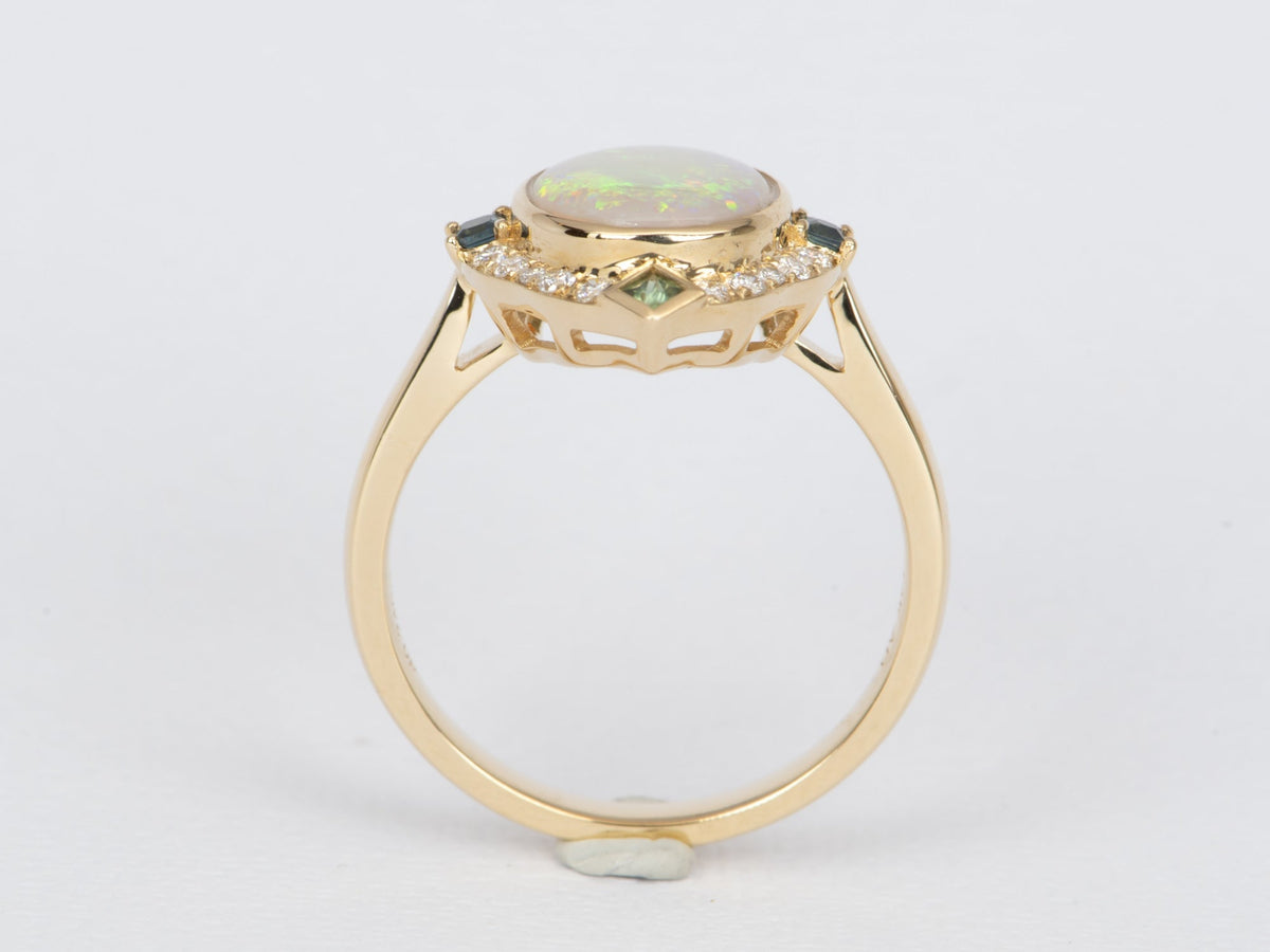 1.31ct Solid Australian Opal with Diamond and Sapphire Halo 14K Gold Engagement Ring R6473 Aurora Designer