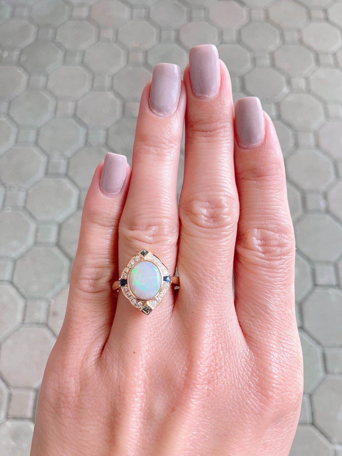 1.31ct Solid Australian Opal with Diamond and Sapphire Halo 14K Gold Engagement Ring R6473 Aurora Designer
