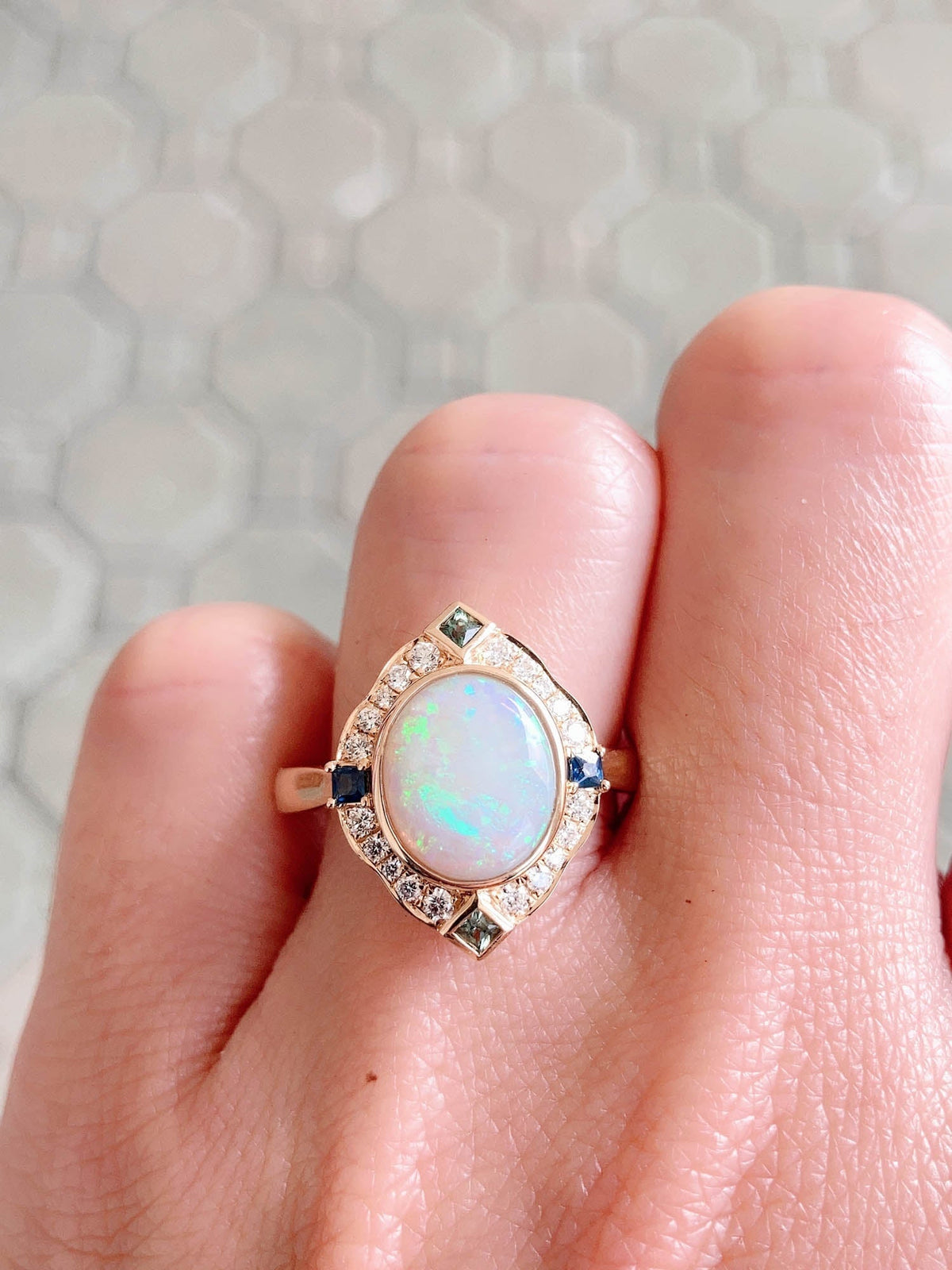 1.31ct Solid Australian Opal with Diamond and Sapphire Halo 14K Gold Engagement Ring R6473 Aurora Designer