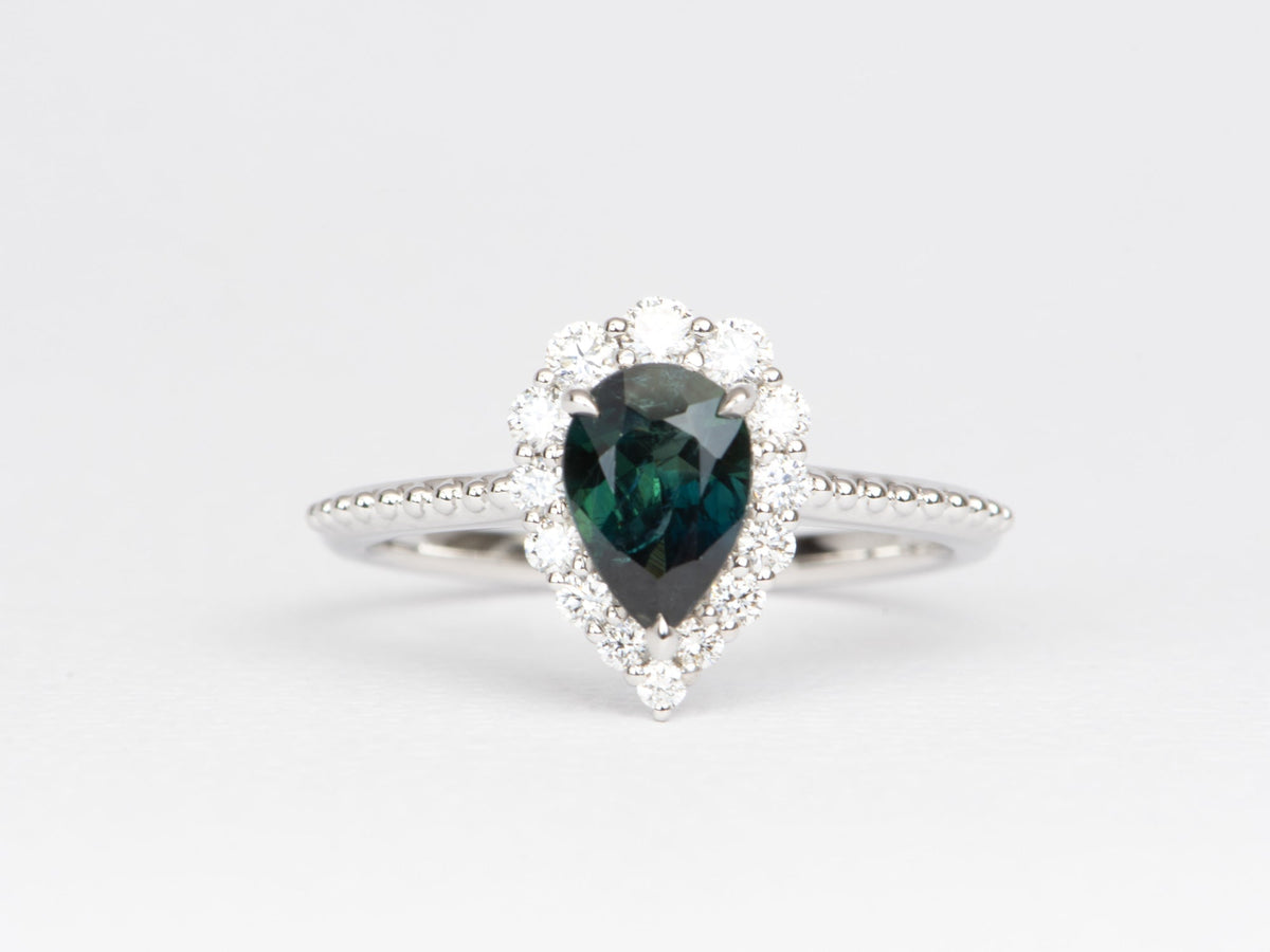 1.14ct Teal Blue Nigerian Sapphire with Diamond Halo 14K White Gold Engagement Ring R6475 Aurora Designer