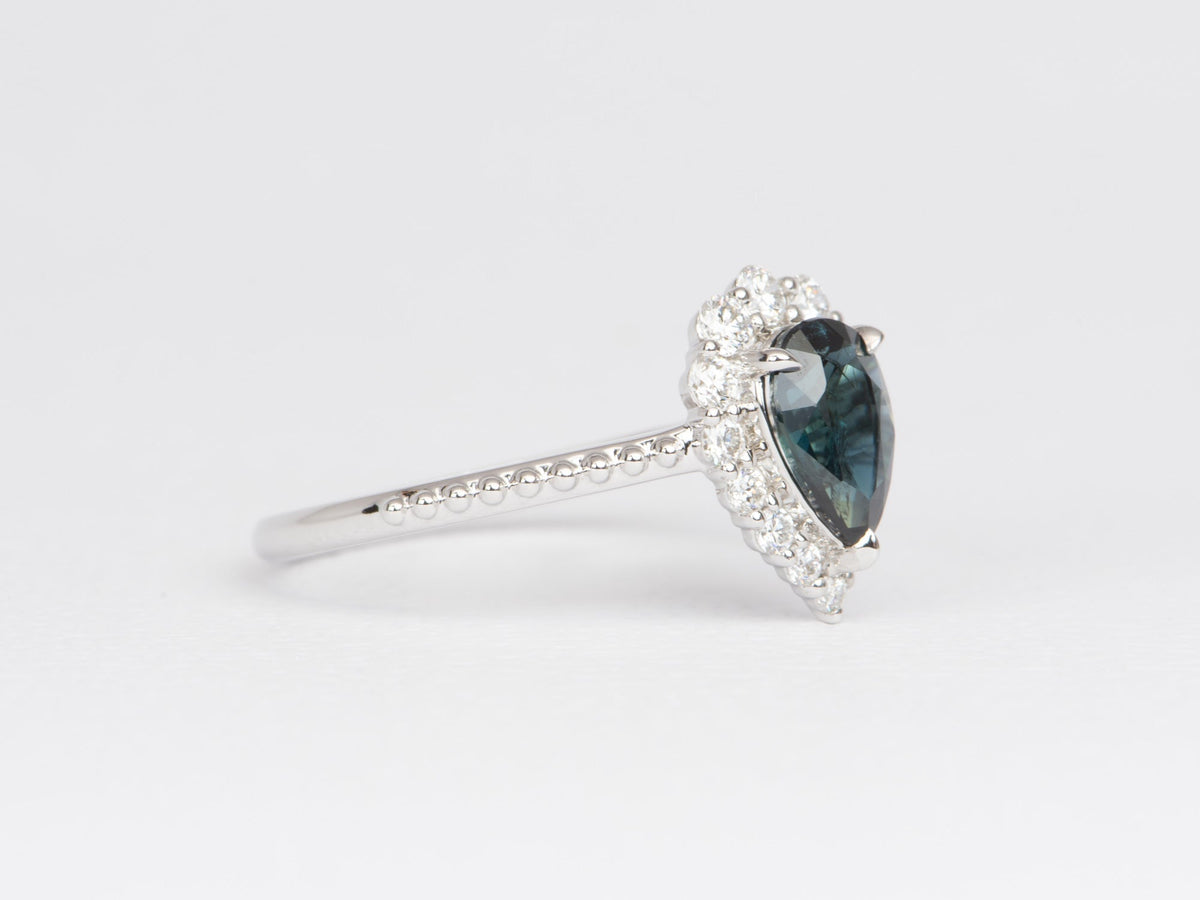 1.14ct Teal Blue Nigerian Sapphire with Diamond Halo 14K White Gold Engagement Ring R6475 Aurora Designer