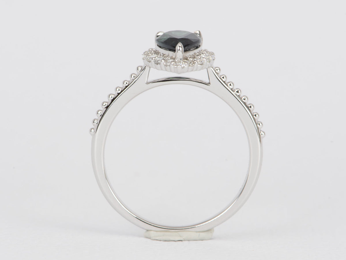 1.14ct Teal Blue Nigerian Sapphire with Diamond Halo 14K White Gold Engagement Ring R6475 Aurora Designer