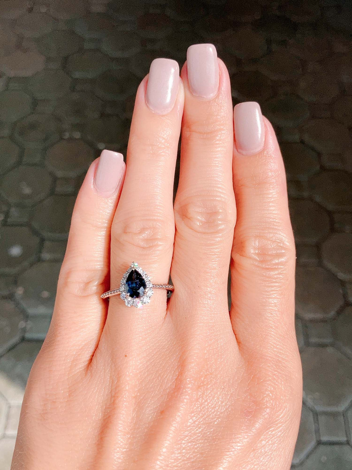 1.14ct Teal Blue Nigerian Sapphire with Diamond Halo 14K White Gold Engagement Ring R6475 Aurora Designer