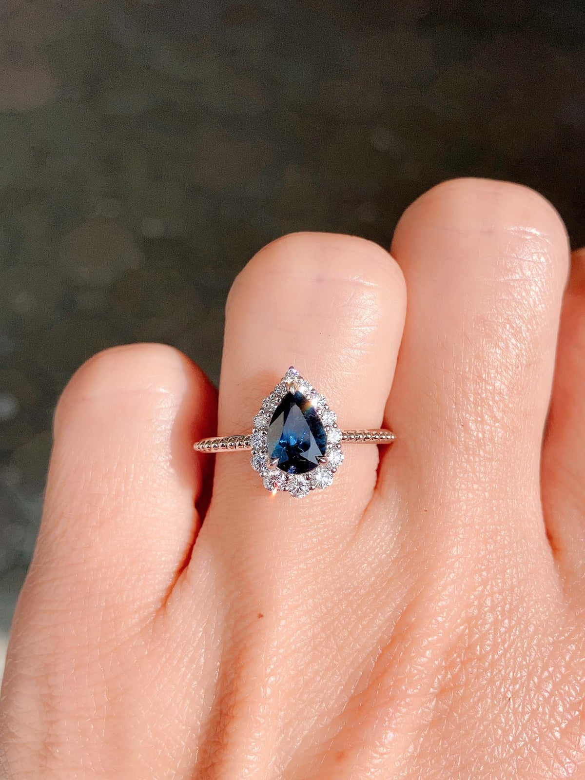 1.14ct Teal Blue Nigerian Sapphire with Diamond Halo 14K White Gold Engagement Ring R6475 Aurora Designer