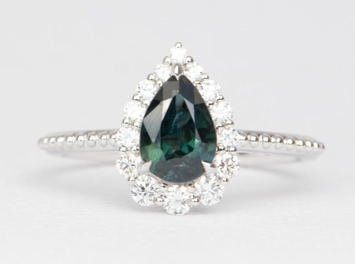 1.14ct Teal Blue Nigerian Sapphire with Diamond Halo 14K White Gold Engagement Ring R6475 Aurora Designer