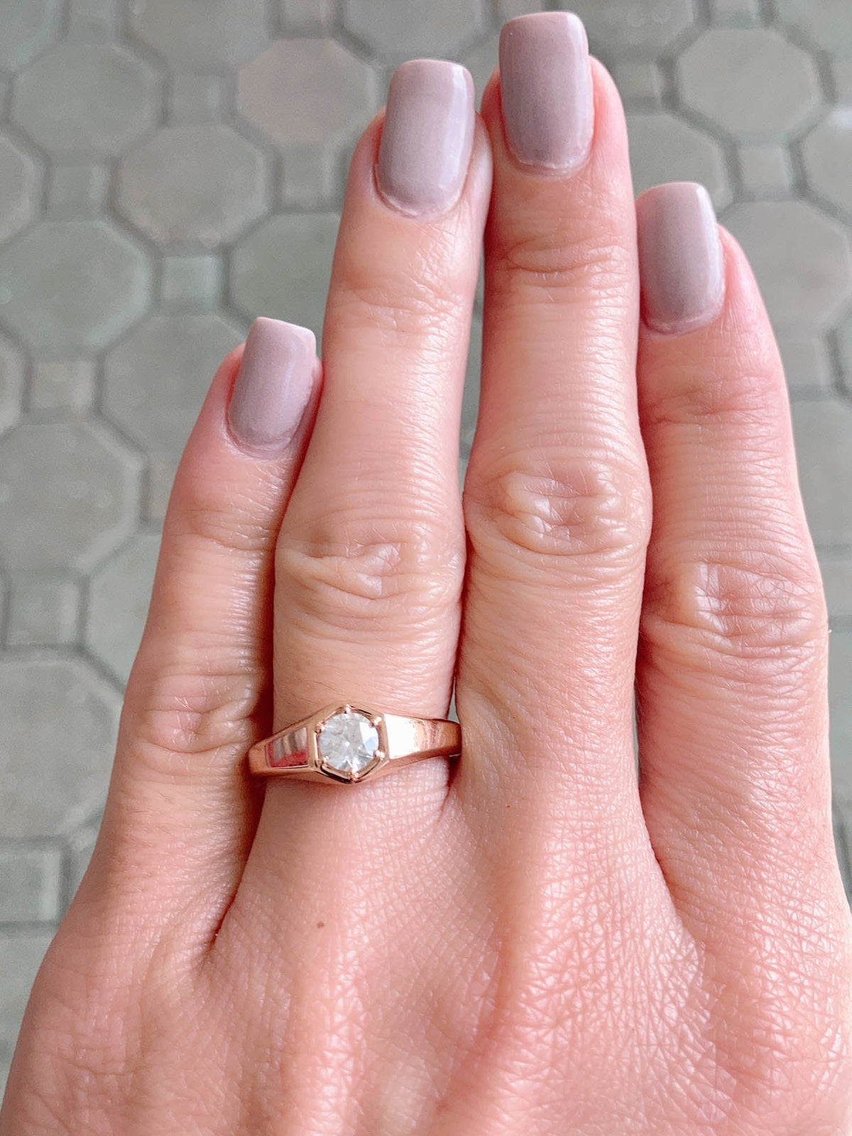 Milky White Diamond in Modern Hexagon Setting Signet Ring 14K Rose Gold R6476 Aurora Designer