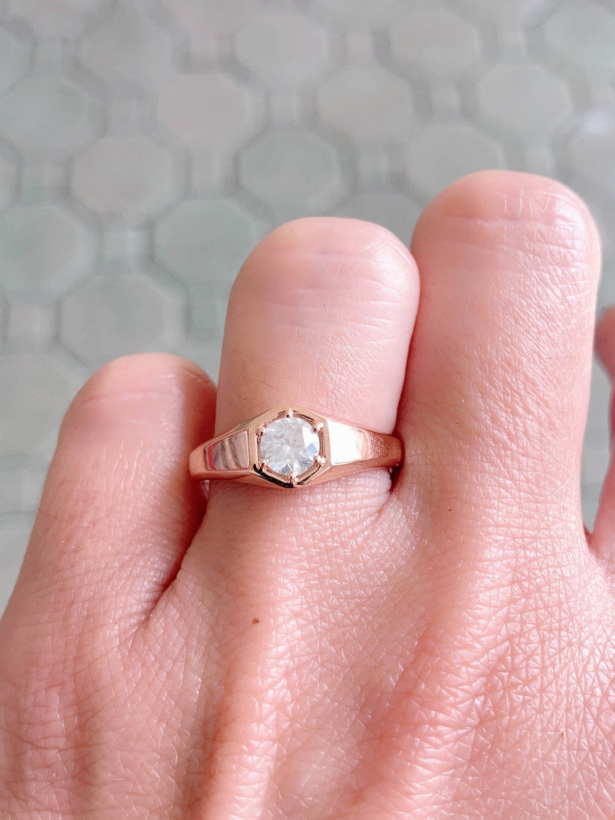 Milky White Diamond in Modern Hexagon Setting Signet Ring 14K Rose Gold R6476 Aurora Designer