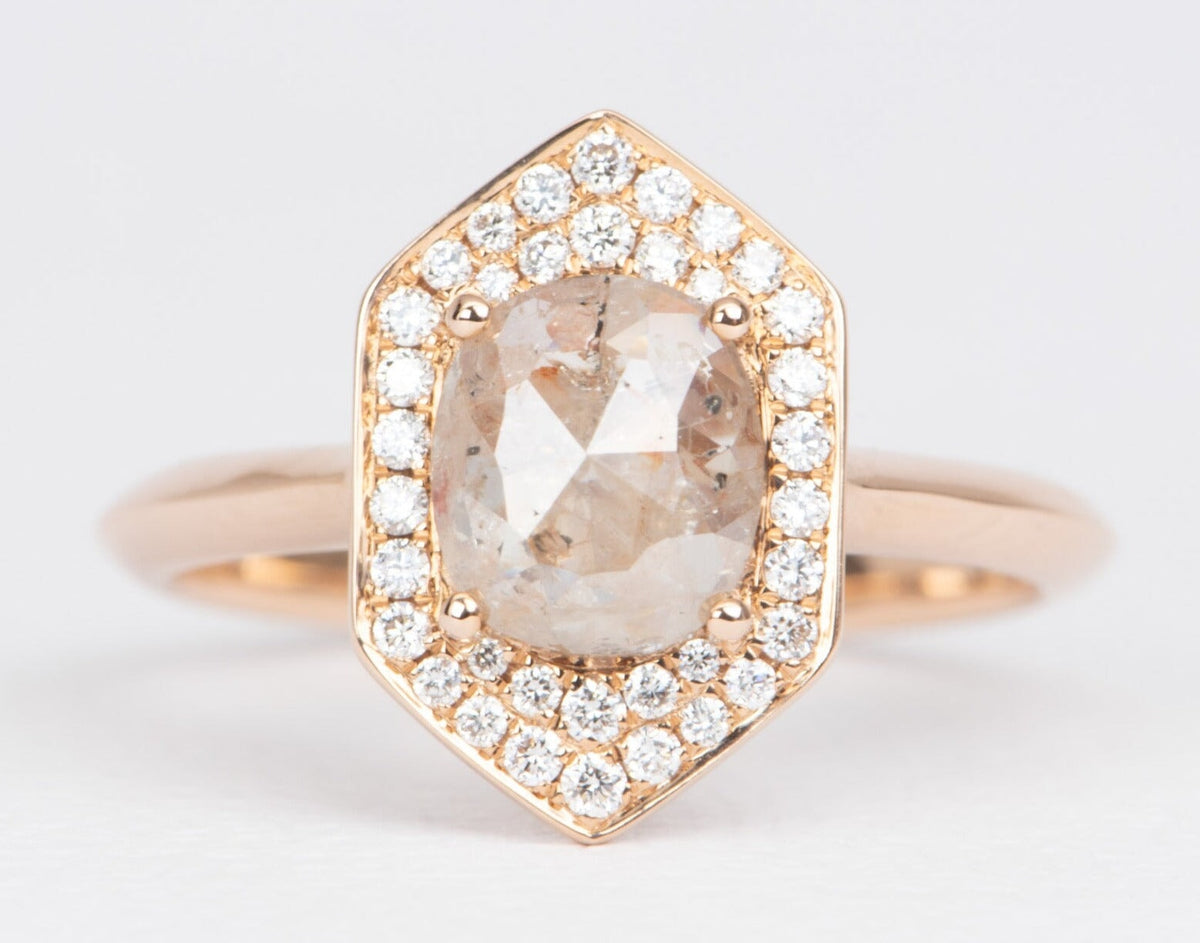 Champagne Diamond with Hexagon Shape Halo 14K Rose Gold Engagement Ring R6481 Aurora Designer