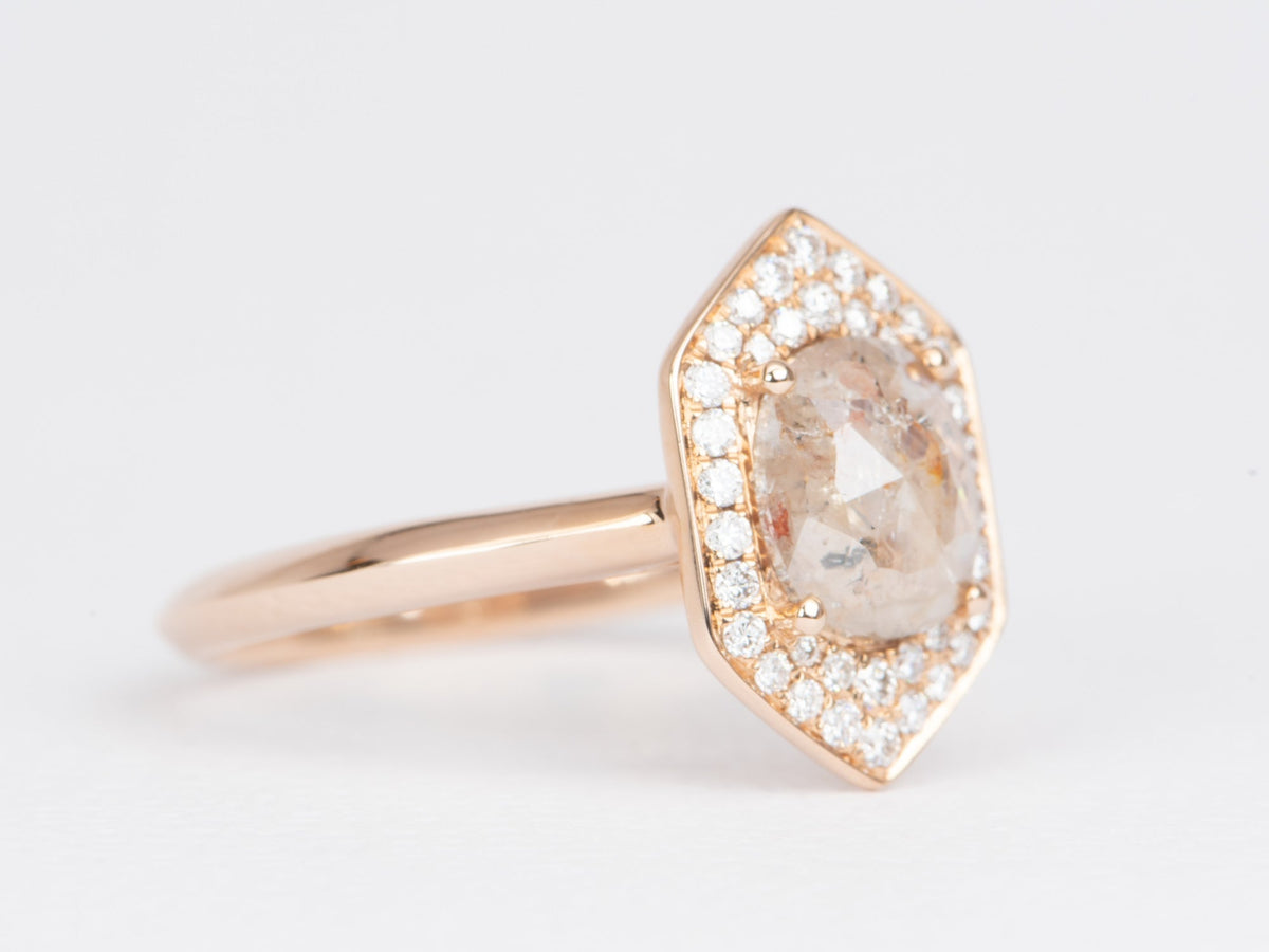 Champagne Diamond with Hexagon Shape Halo 14K Rose Gold Engagement Ring R6481 Aurora Designer