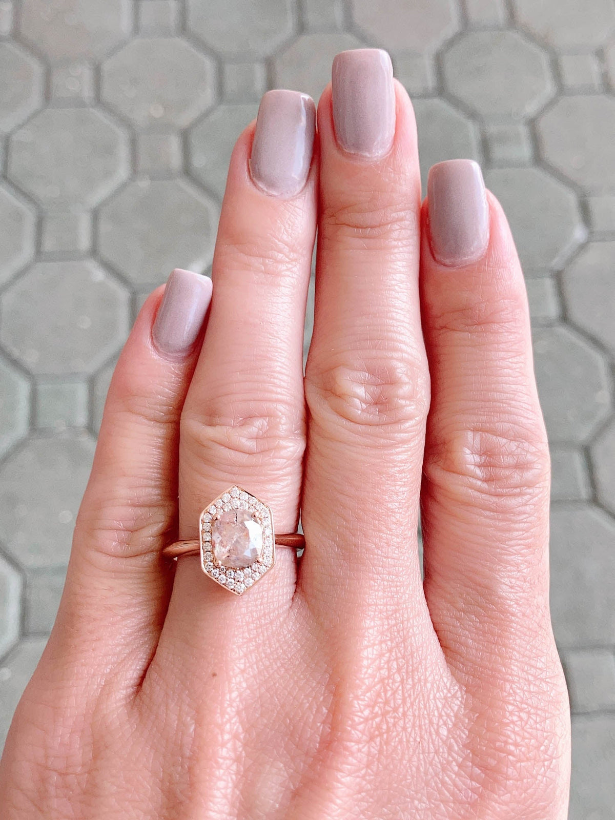 Champagne Diamond with Hexagon Shape Halo 14K Rose Gold Engagement Ring R6481 Aurora Designer