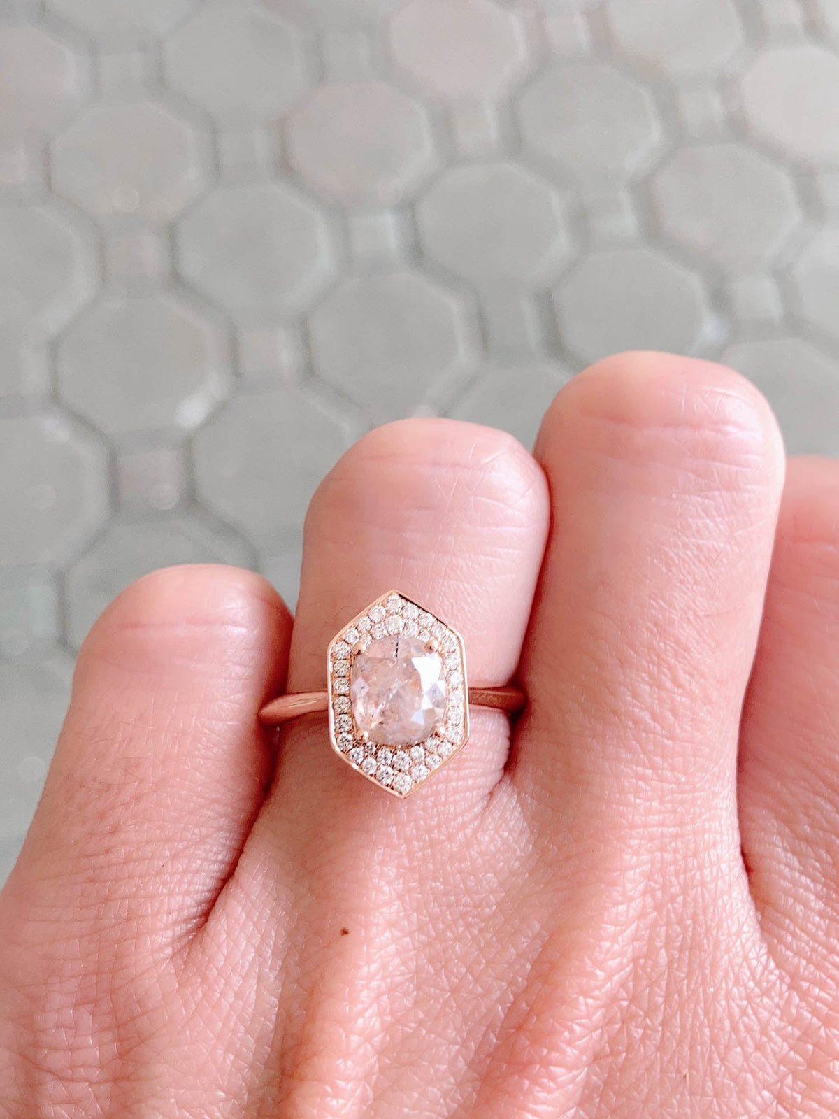 Champagne Diamond with Hexagon Shape Halo 14K Rose Gold Engagement Ring R6481 Aurora Designer