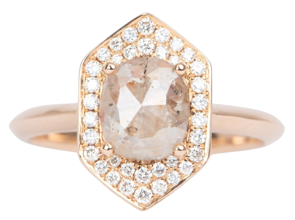 Champagne Diamond with Hexagon Shape Halo 14K Rose Gold Engagement Ring R6481 Aurora Designer