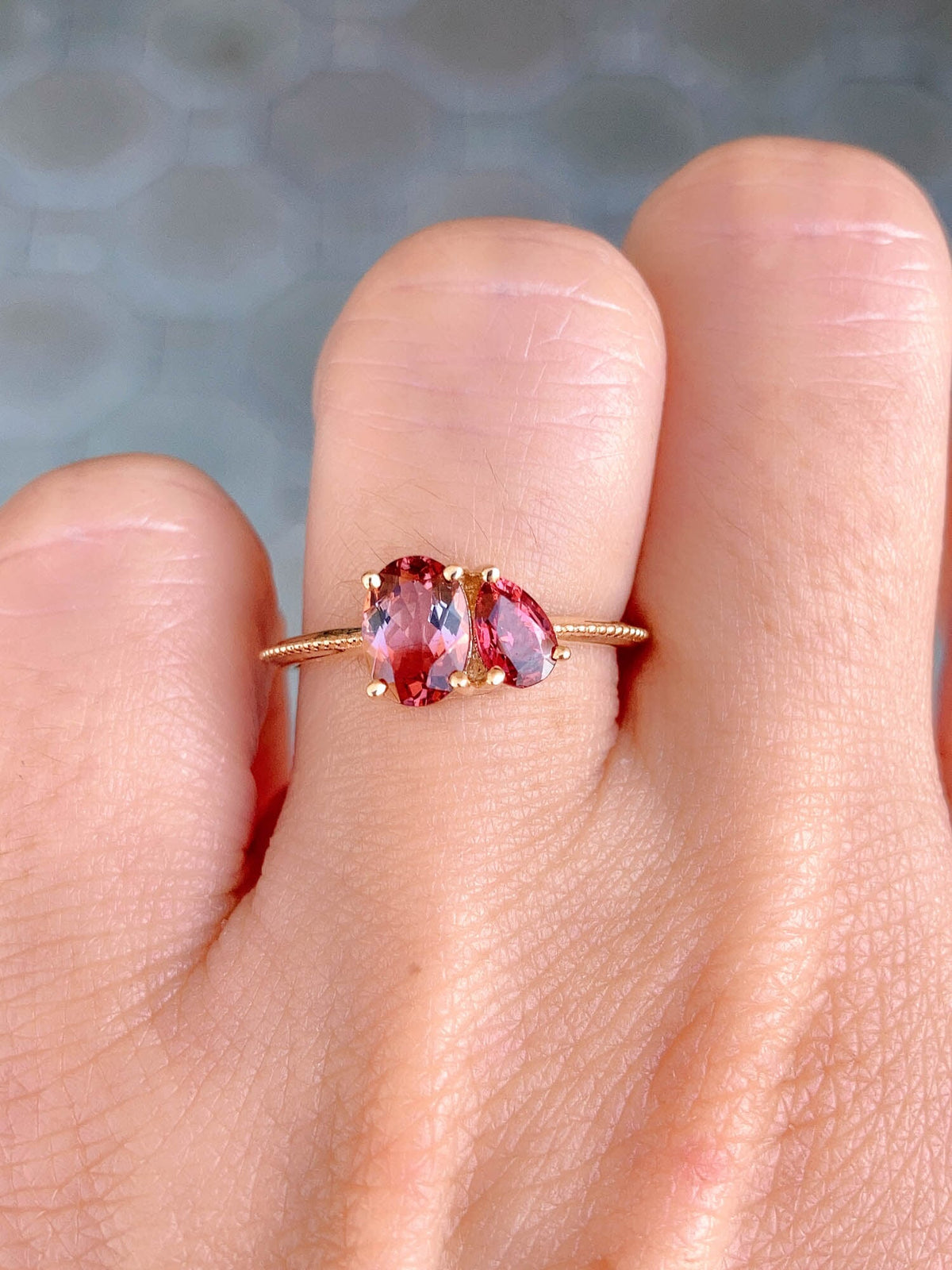 Bi-Color Tourmaline and Bright Red Spinel You and Me Engagement Ring 14K Gold R6483 Aurora Designer