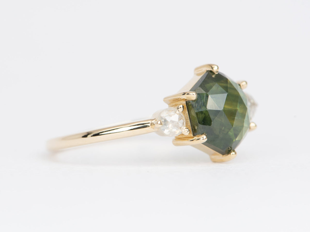 2.05ct Hexagon Sapphire with Rose Cut Diamond Sides Engagement Ring 14K Gold R6484 Aurora Designer