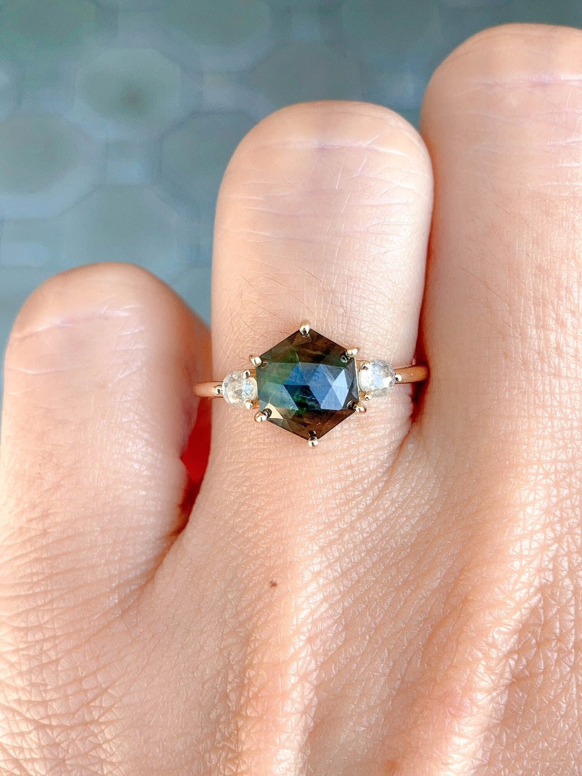 2.05ct Hexagon Sapphire with Rose Cut Diamond Sides Engagement Ring 14K Gold R6484 Aurora Designer